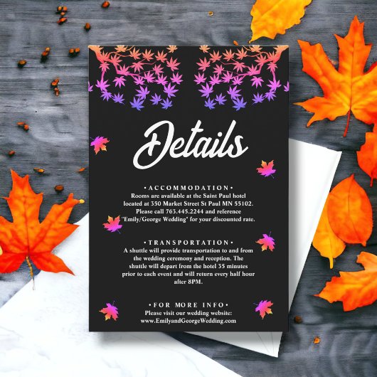 Zwart-wit neon bladeren herfst bruiloft details informatiekaartje