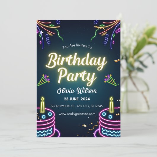 Zwart-wit Neon Verjaardagsfeestje Poster Kaart (Staand voorkant)