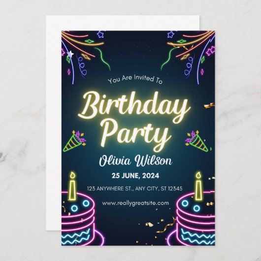 Zwart-wit Neon Verjaardagsfeestje Poster Kaart (Voorkant / Achterkant)