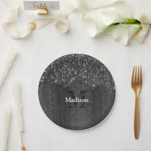 Zwart wit nepschittering rustieke hout Monogram Papieren Bordje