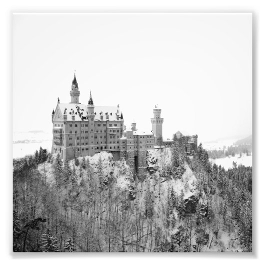 Zwart-wit Neuschwanstein Castle in de winter Foto Afdruk (Voorkant)
