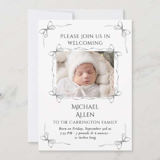 Zwart-wit neutrale foto geboorte aankondiging (Voorkant)