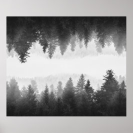 Zwart-wit nevelig gespiegeld bos poster