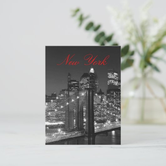 Zwart-wit New York Red Script Post Kaart (Staand voorkant)