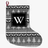 Zwart-wit Nordic Alpine Fir Trees Monogram Grote Kerstsok (Voorkant)