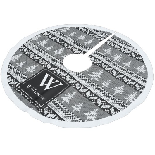 Zwart-wit Nordic Fir Trees + familienaam Kerstboom Rok (Gekanteld)