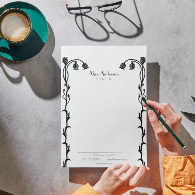  Zwart-wit Nouveau Floral Wildflower Briefhoofd (Creator heeft geüpload)