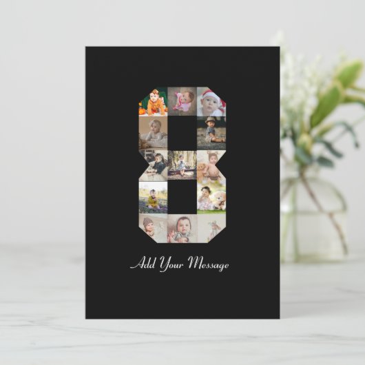 Zwart-wit nummer 8 fotocollage aankondiging (Staand voorkant)