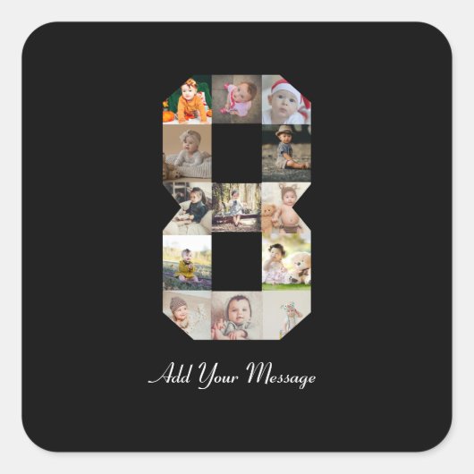 Zwart-wit nummer 8 fotocollage vierkante sticker (Voorkant)