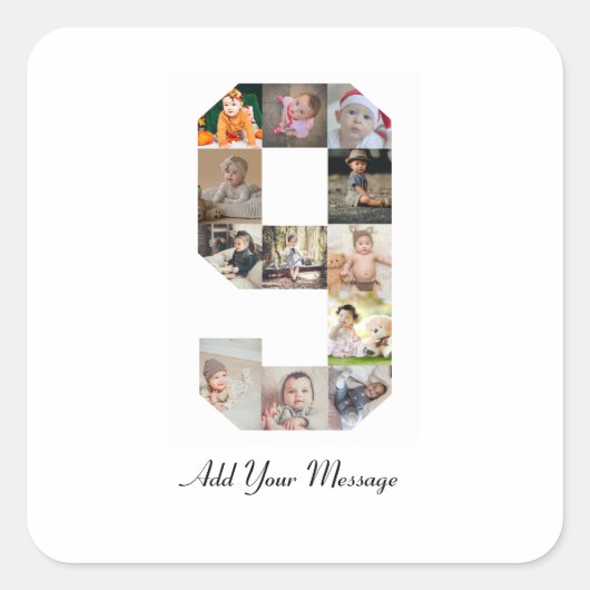 Zwart-wit nummer 9 foto collage vierkante sticker (Voorkant)