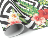 Zwart-wit Octagonaal Patroon en Tropische Bloemen Cadeaupapier (Rol Hoek)
