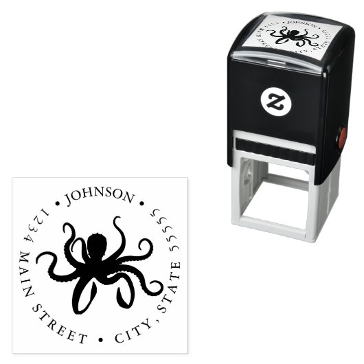 Zwart-wit Octopus Silhouet Retourlabel Zelfinktende Stempel (In situ)