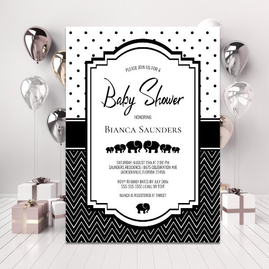 Zwart Wit Olifant Baby shower Kaart