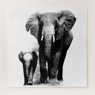 Zwart-wit olifant en Baby - Animals Art Legpuzzel