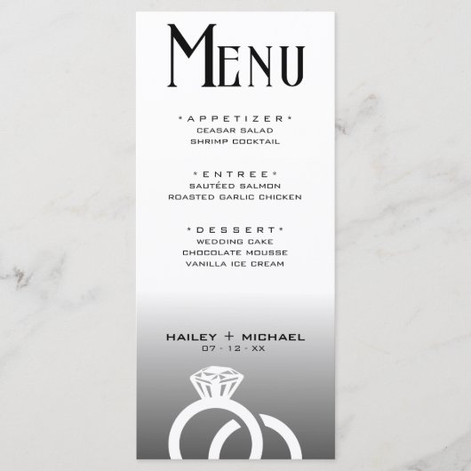 Zwart & Wit Ombre Bruiloft Ring Ontvangst Menu (Voorkant)
