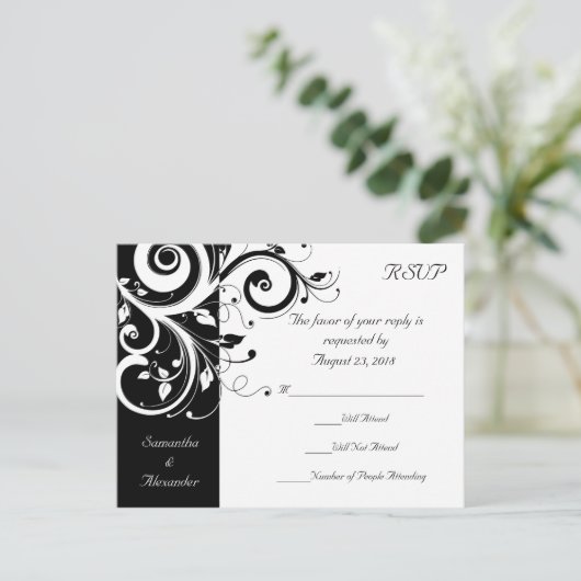 Zwart + Wit Omgekeerde Swirl Bruiloft RSVP Briefka Uitnodiging Briefkaart (Staand voorkant)