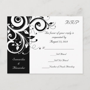 Zwart + Wit Omgekeerde Swirl Bruiloft RSVP Briefka Uitnodiging Briefkaart