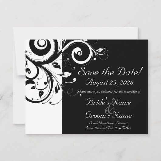 Zwart + Wit Omgekeerde Swirl Bruiloft Save the Dat Save The Date (Voorkant)