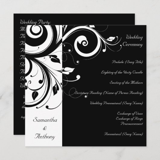 Zwart + wit omgekeerde werveling bruiloft programm programmakaart (Voorkant / Achterkant)