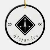 Zwart-wit omheining zwaard Logo - Aangepast jaar Keramisch Ornament (Voorkant)