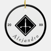 Zwart-wit omheining zwaard Logo - Aangepast jaar Keramisch Ornament (Achterkant)