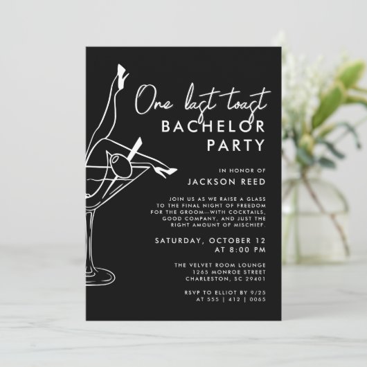Zwart-wit One Last Toast Martini Bachelor Kaart (Staand voorkant)