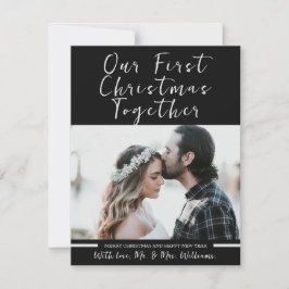 Zwart-wit onze eerste kerst Pas getrouwd foto Feestdagenkaart