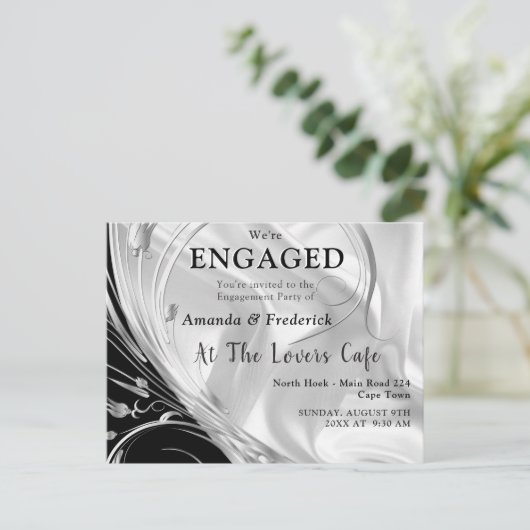 Zwart - Wit op Champagne Zijde Verloving Uitnodiging Briefkaart (Staand voorkant)