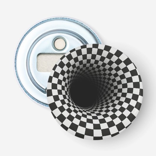 Zwart-wit optische illusie tunnel button flesopener (Voorkant)