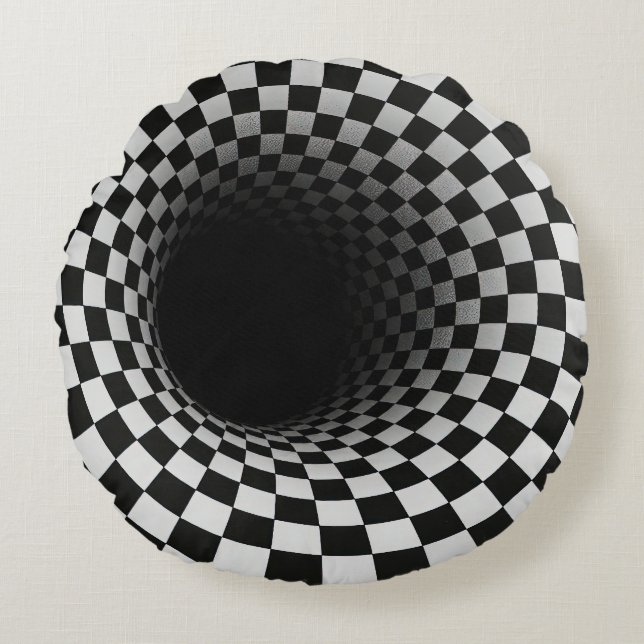 Zwart-wit optische illusie tunnel rond kussen (Voorkant)