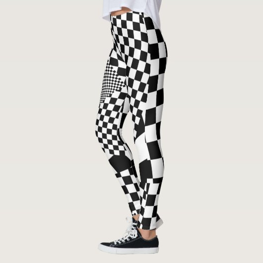 Zwart-wit optische illusie vervormd geruit leggings (Links)