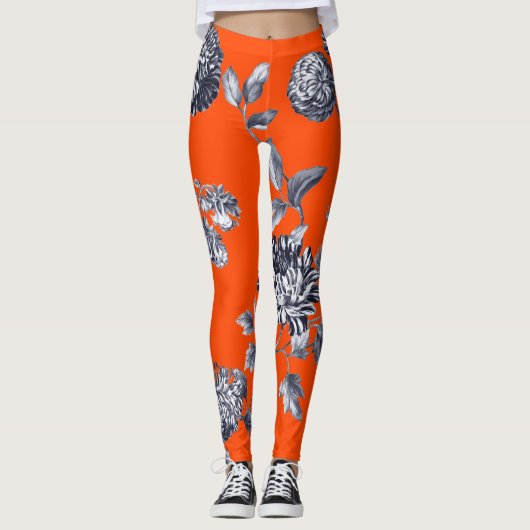 Zwart-wit Oranje botanisch flessentoile Leggings (Voorkant)