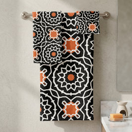 Zwart Wit Oranje Marokkaans Geometrisch Tegelpatro Bad Handdoek