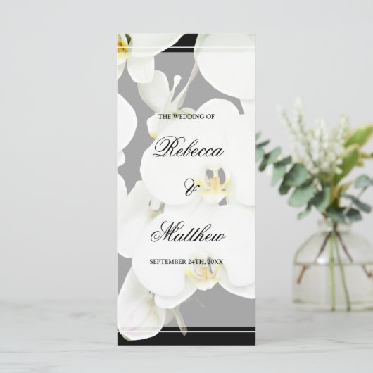 Zwart-wit orchidee bruiloft programmakaart (Staand voorkant)