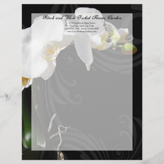 Zwart-wit Orchidee Swirl Letterhead Persoonlijk Briefhoofd (Voorkant)