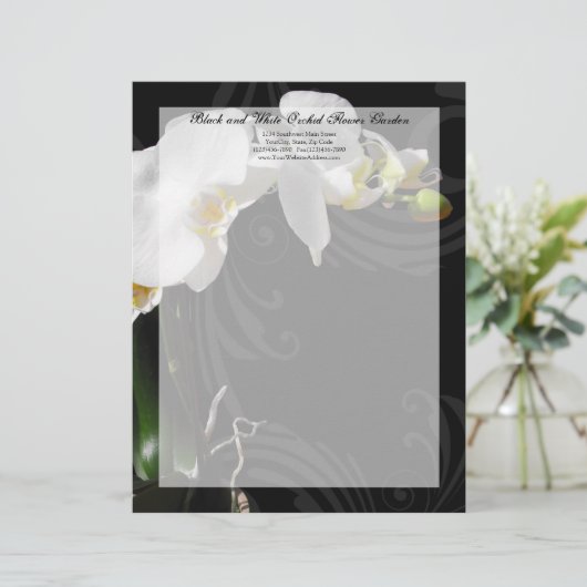 Zwart-wit Orchidee Swirl Letterhead Persoonlijk Briefhoofd (Staand voorkant)