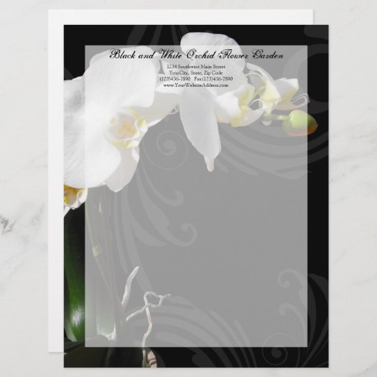 Zwart-wit Orchidee Swirl Letterhead Persoonlijk Briefhoofd (Voorkant / Achterkant)