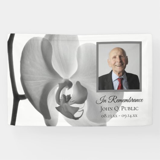 Zwart-wit orchidee viering van het leven begrafeni spandoek (Horizontaal)