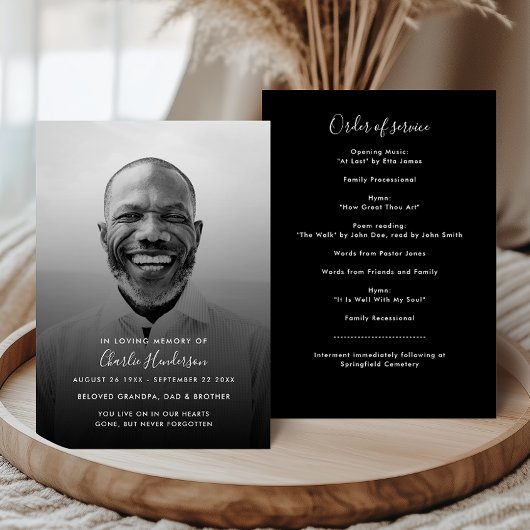 Zwart-wit Orde van de Dienst Foto Memorial Programmakaart