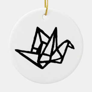 Zwart & Wit Origami Papieren Kraan Linocut Keramisch Ornament