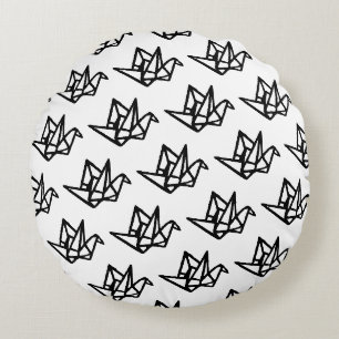 Zwart & Wit Origami Papieren Kraan Linocut Rond Kussen