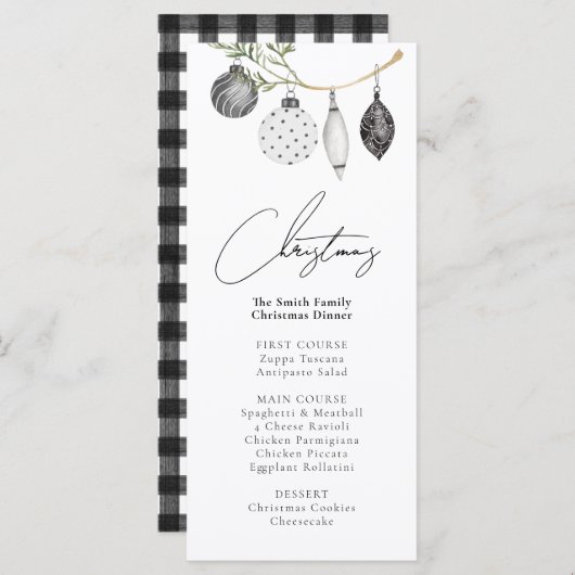 Zwart & Wit Ornament Kerstdiner Menu (Voorkant / Achterkant)