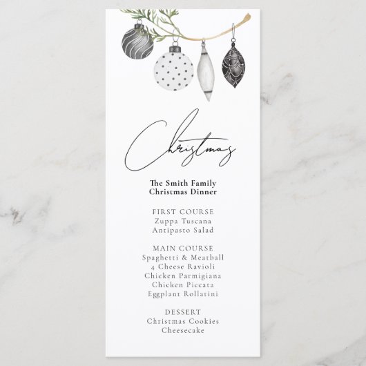 Zwart & Wit Ornament Kerstdiner Menu (Voorkant)