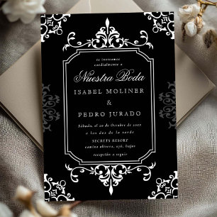 Zwart Wit Ornament Vintage Nuestra Boda Trouwen Kaart