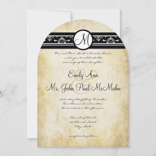 Zwart Wit Oud Geld Rustieke Elegantie Gouden Huwel Kaart (Voorkant)
