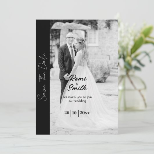 Zwart-wit Overlay foto bruiloft uitnodiging (Staand voorkant)