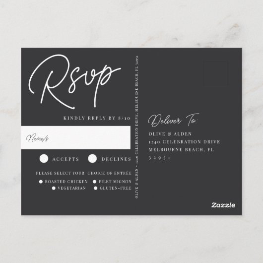 Zwart-wit overmaats script keuze RSVP Briefkaart (Achterkant)