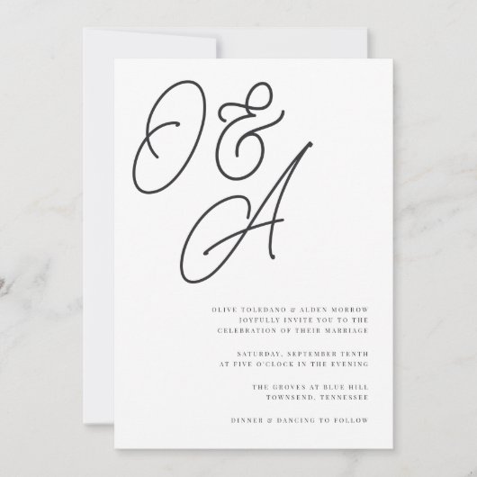 Zwart-wit overmaats script monogram bruiloft kaart (Voorkant)