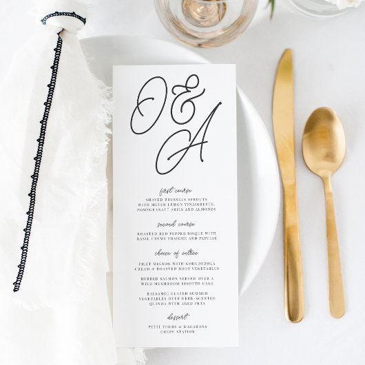 Zwart-wit overmaats script monogram bruiloft menu