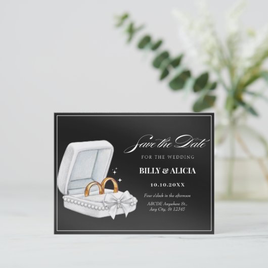 Zwart-wit paar ring bruiloft briefkaart (Staand voorkant)